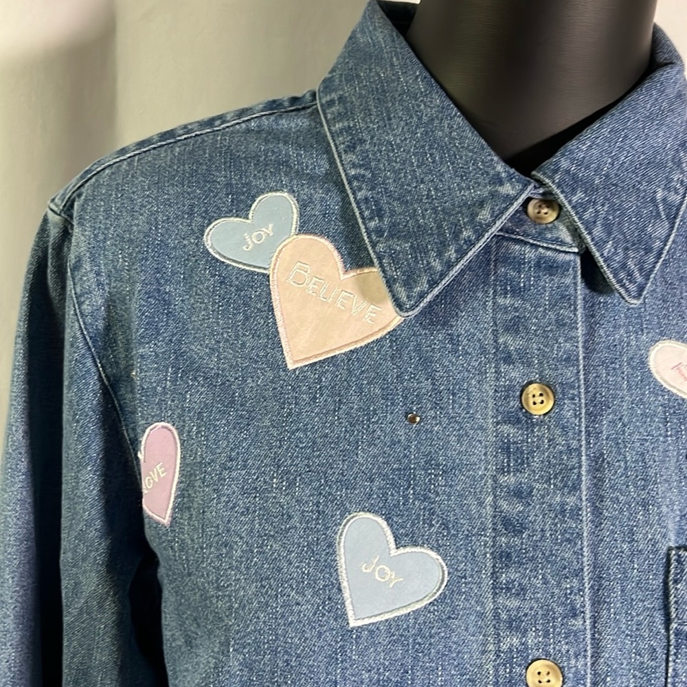 NWOT Quacker Factory Valentines Hearts Oversized Button Down Denim Shirt - Picture 5 of 16